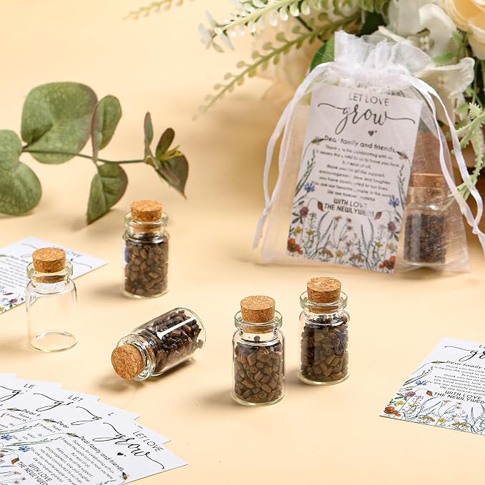 Jinei 100 Sets Let Love Grow Wedding Favor for Guests 100 Small Glass Bottles with Cork Stopper 100 Wedding Thank Cards and 100pcs Organza Bags, No Seeds