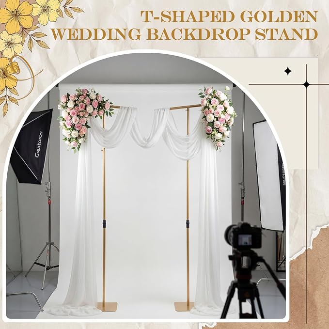 Novabright 2pcs Adjustable Backdrop Stand, 3.2FT to 8FT Heavy Duty Metal Background Frame with Stable Base, Gold Stand for Wedding, Birthday, Photo Booth, Events Decorations