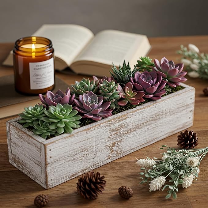 Dandat 5 Set Wood Boxes for Centerpieces 12x4 Inch Rectangle Wooden Planter Box Rustic Wooden Planters with Removable Plastic Liner Floral Foam Blocks for Christmas Wedding Home Garden Decor(White)