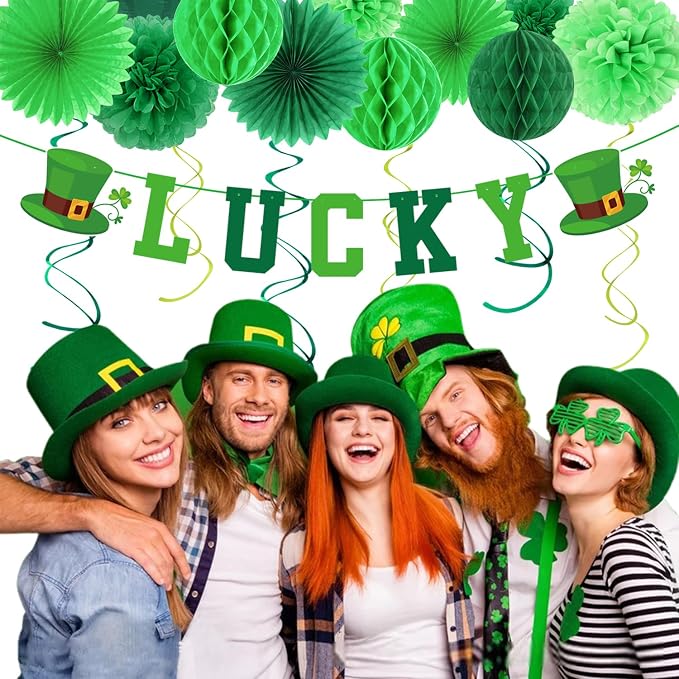 St-Patricks Day Decorations Saint-Patrick's Party Decor - 22pcs Lucky Banner,Green Shamrock Garland Paper Lanterns, Tissue Pom Poms Honeycomb Balls Flowers Fans Favors Supplies Hugmoon