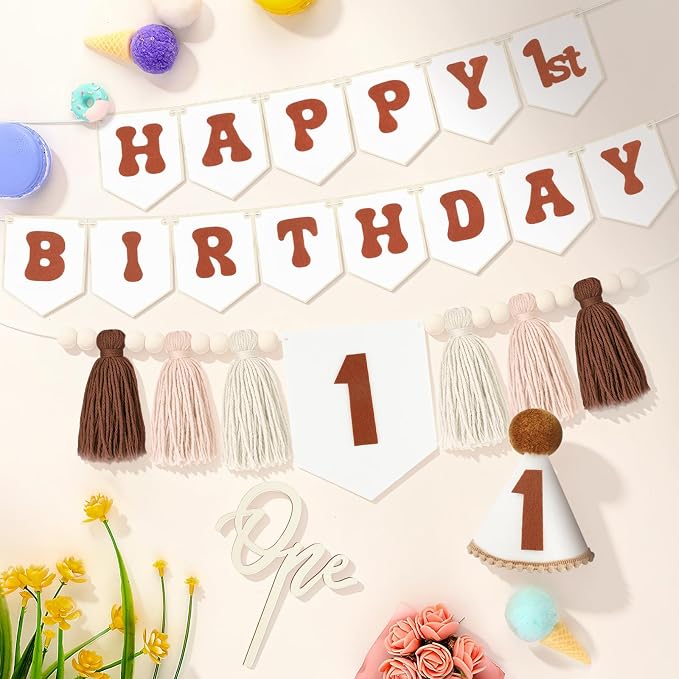 THAWAY 1st Birthday Decorations, White Brown Bohemian Style High Chair Banner Set with Tassel Wood Bead, Birthday Hat & Wooden Cake Topper for One Year Old Party Supplies