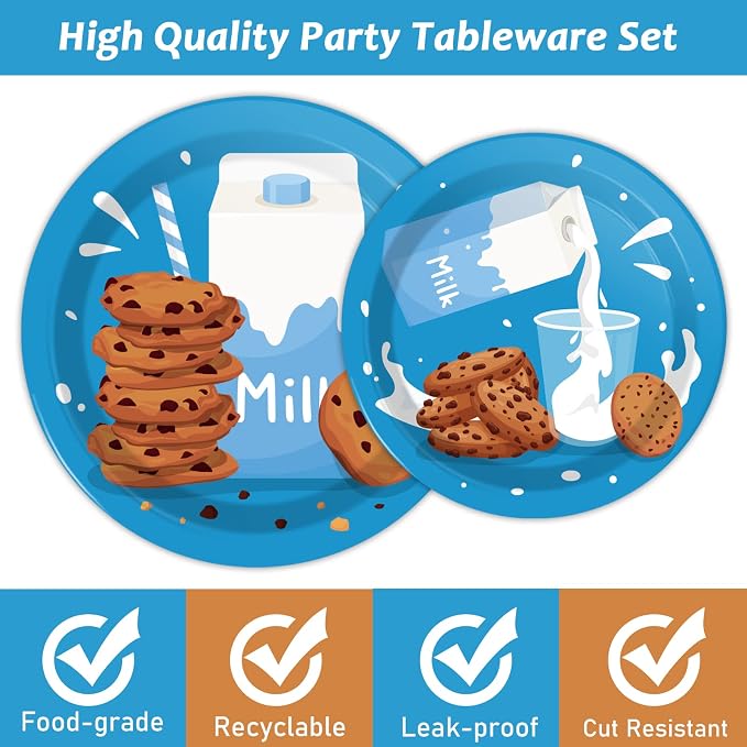 96 Pcs Milk and Cookies Party Paper Plates and Napkins Bundle Chocolate Chip Cookies and Milk Drinks Party Birthday Decorations Plates Napkins Forks for Party Favors 24 Guests