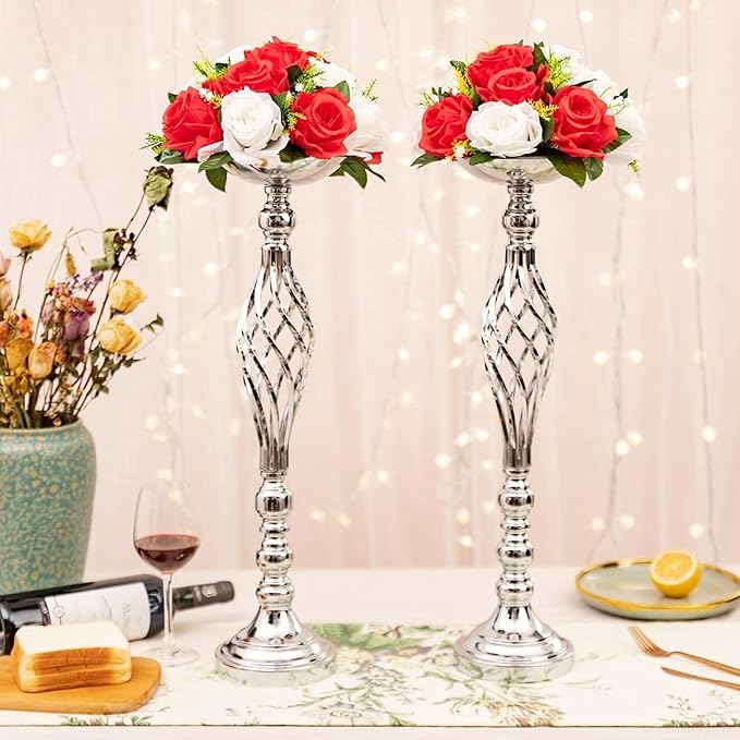 Artificial Flower Centerpieces for Tables: 6pcs of Rose Flower Balls, Flower Kissing Balls, Fake 15-head Plastic Flower Roses with Base for Birthday Party Christmas Home Wedding Decor (Red White)