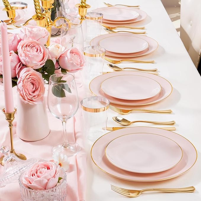Nervure 100PCS Pink and Gold Plastic Plates - 10.25 inch Pink Disposable Plates with Gold Rim - Party Plate - Dinner Plate Ideal for Wedding & Party & Mothers Day
