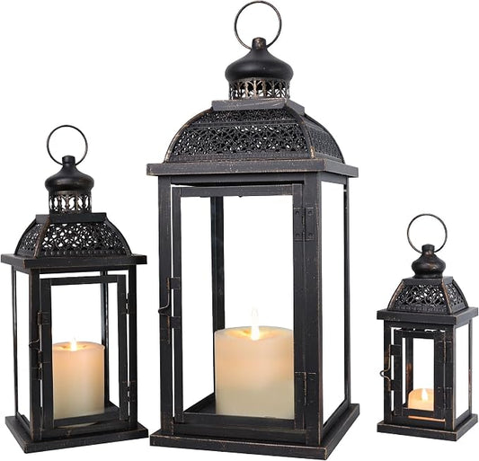 Lanterns Decorative Indoor&Outdoor, 20’’&14’’&10’’ Extra Large Metal Candle Lanterns, Vintage Candle Holders Farmhouse Shelf Wedding Front Porch Patio Decor, Christmas Halloween Decorations for Home