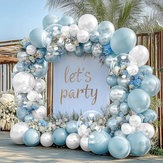 Pearl Blue Balloon Arch Double Stuffed Pastel Light Baby Blue Balloon Garland Kit Different Sizes With Clear Balloons for Birthday Wedding Bridal Baby Shower Anniversary Engagement Party Decor