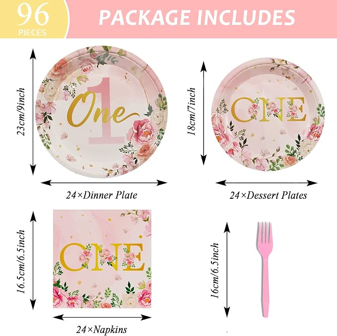 96Pcs 1st Birthday Party Supplies - Girls' One Year Tableware with Floral Birthday Plates, Napkins, Dinnerware, Decorations & Favors for Baby Shower, Serves 24