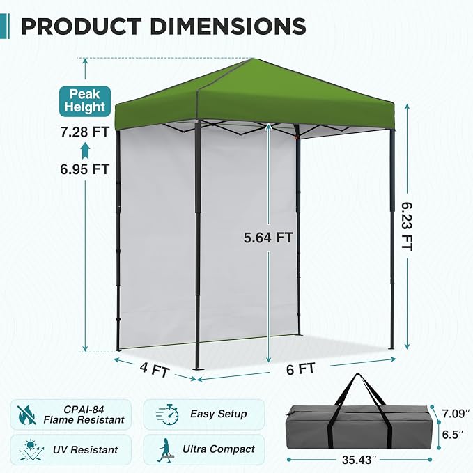 EAGLE PEAK 6x4 Instant Pop Up Canopy Tent with 1 Side Wall Panel, Straight Leg Sun Shelter, Portable Canopy with Carry Bag for Camping, Beach & Sports, Grass Green