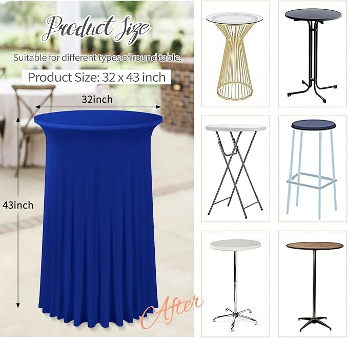 fani 6 Packs 32"x 43" Round Cocktail Table Skirt, Spandex Fitted High Top Table Skirt, Spandex Stretch Cocktail Tablecloth for Wedding Party Bar Banquet Birthday Tables(Royal Blue)