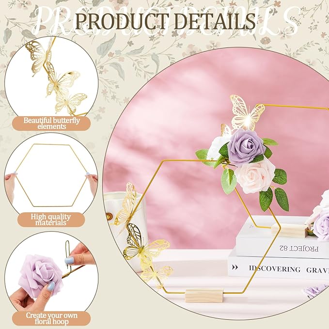 Vercraft 12 Set butterfly Metal Floral Hoop Table Centerpieces Include Metal Ring with Base 3D Butterfly Decoration, PE Foam Flower, Adhesive Dots, Gold Wires for DIY Wedding Baptism Party(Hexagon)