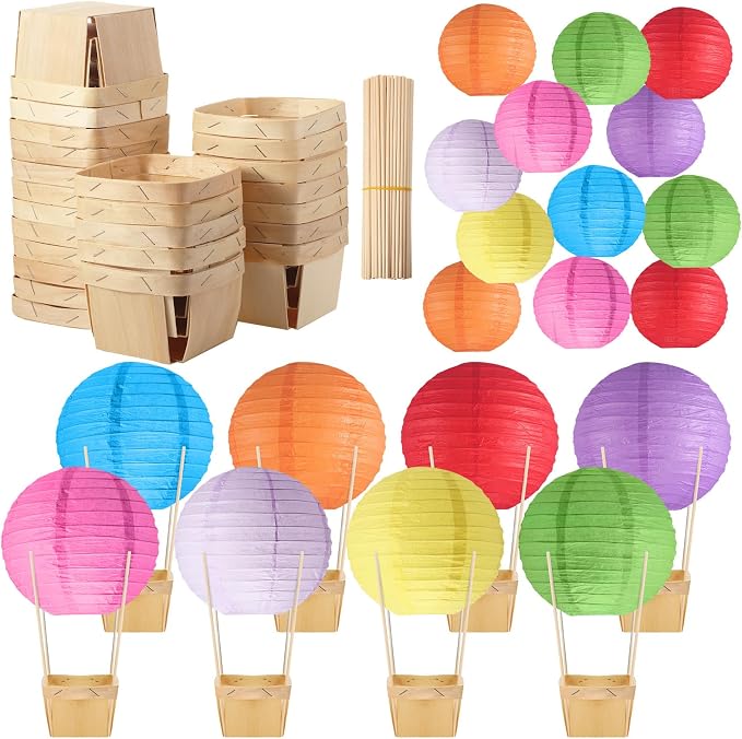 Namalu 24 Set Hot Air Balloon Table Centerpieces Baby Shower Party Decoration Paper Lanterns with Wooden Basket Sticks for Summer Birthday School DIY Craft(Rainbow Color)