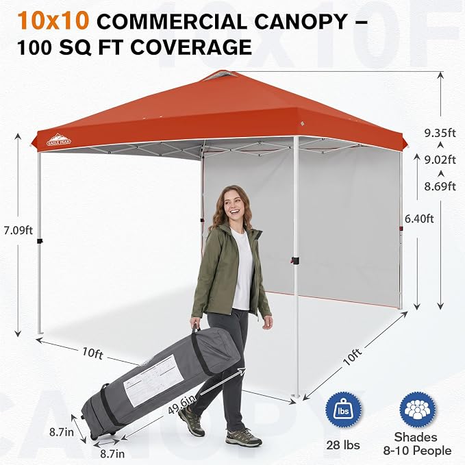 EAGLE PEAK Commercial Canopy 10x10 Pop Up Canopy Tent with 1 Sidewall, Easy Setup Heavy Duty Instant Event Shelter for Vendors & Markets, Outdoor Sun Shade, Brick Red