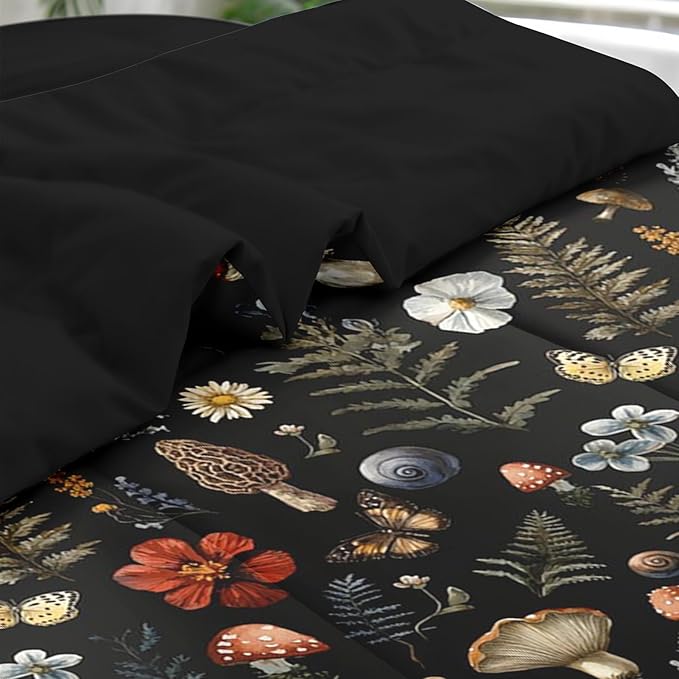 Pamnest Comforter Set Twin Size, Mushroom Fern 5 Pcs Bedding for Kids and Adults, Woodland Plants Botanical Bed Sheet Sets with Fitted Sheet Pillowcases & Shams for Bedroom Bed Decor