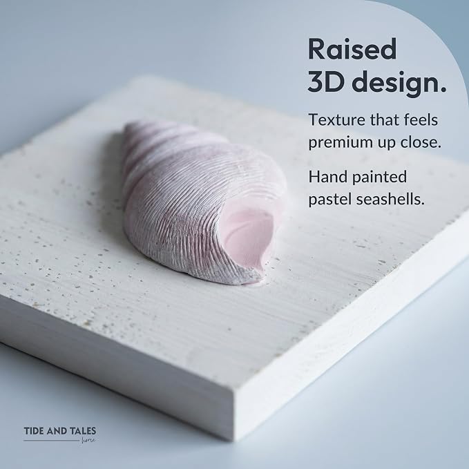 TideAndTales Beach Decor Seashell Wall Art - (Set of 4) Textured 3D Shells and Starfish Decorations for Home or Beach House, Rustic Ocean Theme Coastal Bedroom or Bathroom Wall Decor 6" x 6"
