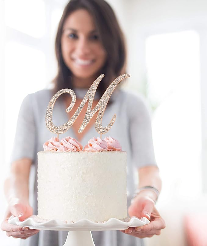 Letter M Cake Topper - Premium Rose Gold Metal - M Monogram Wedding or Anniversary Party Sparkly Rhinestone Initial Decoration Makes a Great Centerpiece - Now Protected in a Box