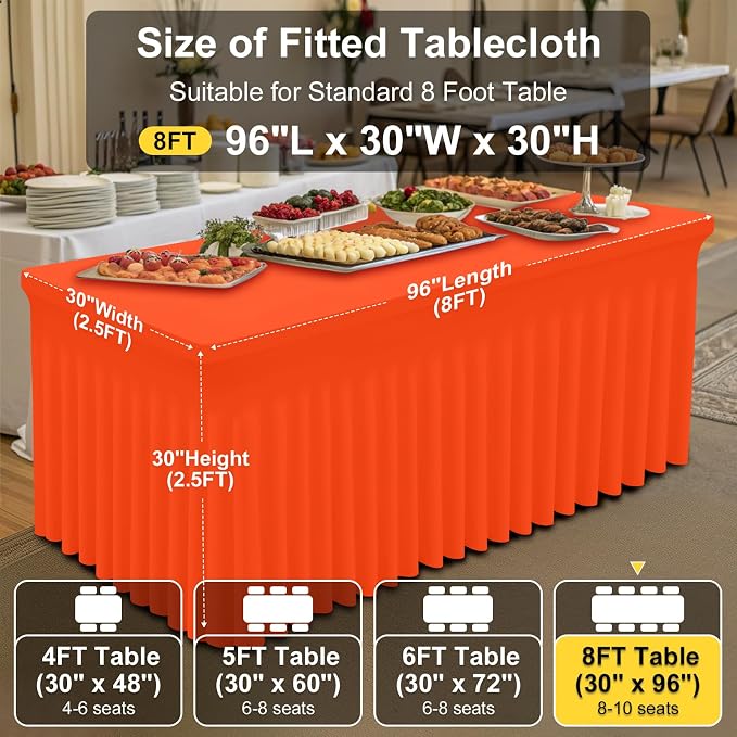 Smiry Spandex Tablecloth, Elastic Fitted Stretch Tablecloth for 8FT Rectangle Tables, Waterproof Washable Table Cover Skirt for Outdoor, Wedding, Banquet & Parties (Orange, 96Lx30Wx30H Inch)