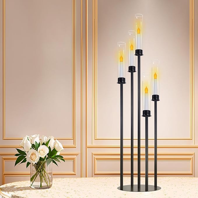 Black Candelabra with Glass Cylinders for Real Candles 5 Head Metal Candle Holder Wedding Centerpiece Ceremony Reception Event Party Home Decoration (1, L)