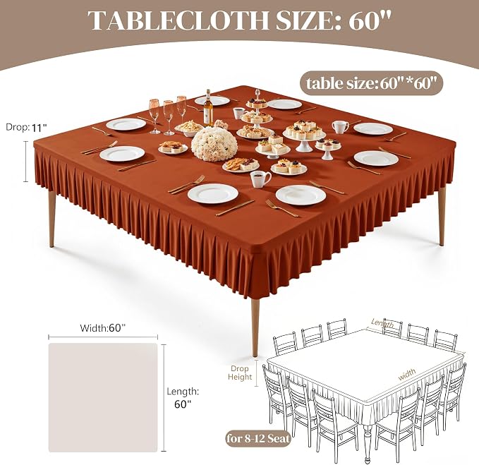 Wish Care 2 Pack Rust Spandex Tablecloths for 60x60 Inch Square Tables, Stretch Fitted Table Clothes with Pleated Ruffle Skirt for 60” Table, Wrinkle Free and Elastic, for Party Kitchen Home Dining