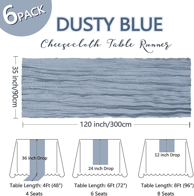 6 Pack Dusty Blue Cheesecloth Table Runner 10Ft Spring Gauze Cheese Cloth Table Runner 35x120 Inch Boho Sheer Rustic Fabric for Holiday Party Decor Baby Shower Wedding Home Decorations