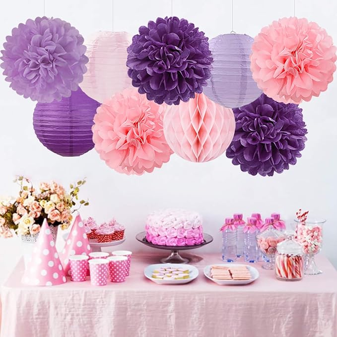 Pink Purple Paper Flowers Tissue Pom Poms Honeycomb Lanterns 15pcs Party Decorations Lavender Birthday Wedding Baby Bridal Shower Lilac Valentines Mothers Day Hanging Supplies Mprocherify