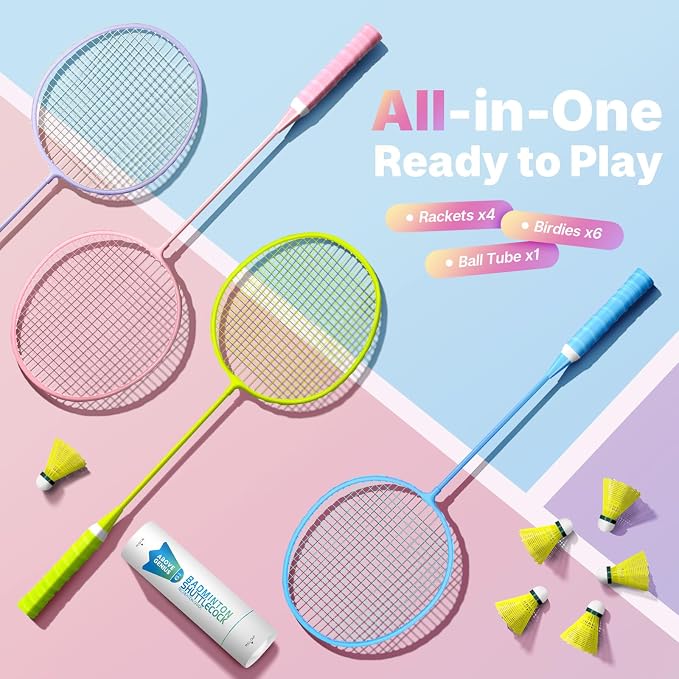 AboveGenius Badminton Rackets Set, Lightweight Badminton Set Includ 4/6 PCS Rackets, 6 Birdies, Outdoor Backyard Games, Racquets for Adults, Teens, Family Beginner