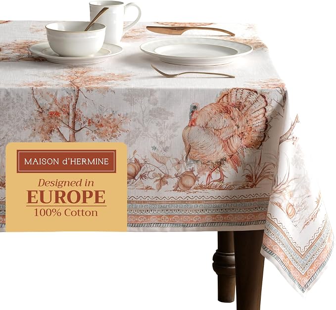 Maison d' Hermine Table Cloth Rectangle Table 100% Cotton 70 x 140 Inches Fall Tablecloth Reusable Everyday Use for Thanksgiving Christmas Decorations Dining Farmhouse Party (Giving Thanks)