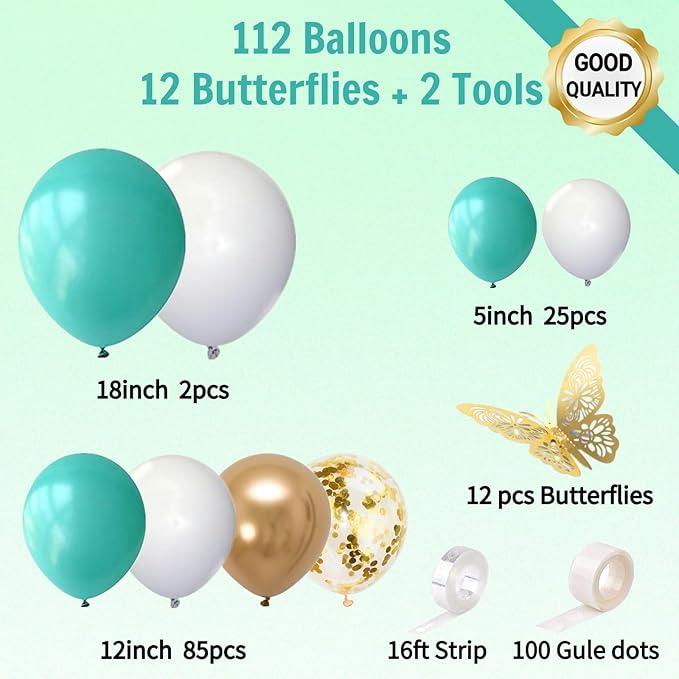 Teal Balloon Garland Kit with Gold Butterflies – Turquoise, Blue and Green, White & Gold Balloons in 18", 12", 5" Sizes – for Graduation, Baby Shower, Wedding, Birthday, Party Decor