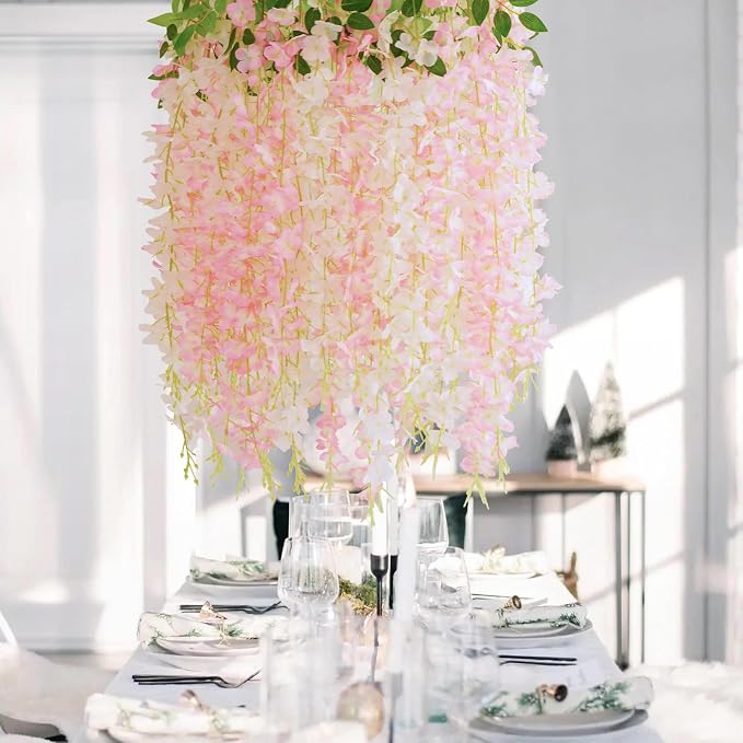 24Pcs Artificial Wisteria Hanging Flowers, 3.6Ft/Pcs White & Pink Fake Wisteria Garland for Wedding Party Home Garden Indoor Outdoor Decoration