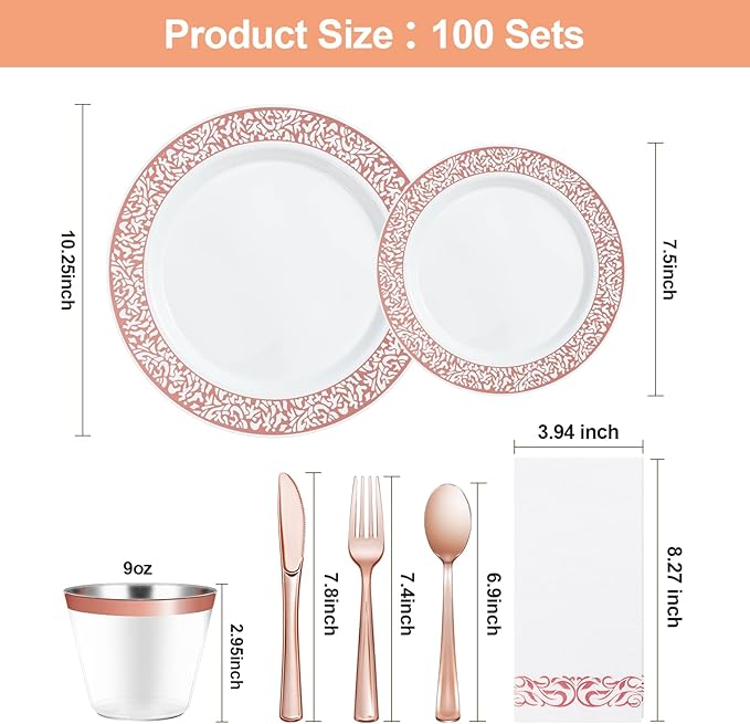 Bestluck 700PCS Rose Gold Plastic Dinnerware Set for 100 Guests, Disposable Plates for Party, Wedding, Include 100 Rose Dinner Plates, 100 Dessert Plates, 100 Set Silverware, 100 Cups, 100 Napkins