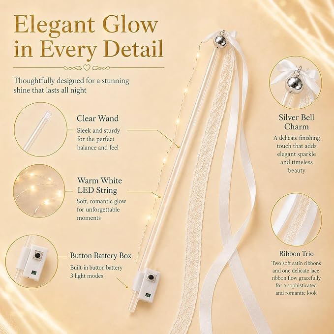 30 PCS Light Up Wedding Wands with Ribbons and Bells, Warm White LED Fairy Wands, 3 Light Modes Ribbon Streamers, Flameless Sparkler Alternative for Wedding, Bridal Shower, Birthday Party Favors