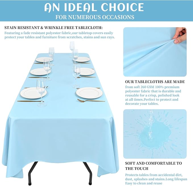 Showgeous 4 Pack Light Blue Tablecloths for 8 Foot Rectangle Tables 60 x 126 Inch, 8ft Rectangular Washable Polyester Table Cover for Wedding Party Banquet