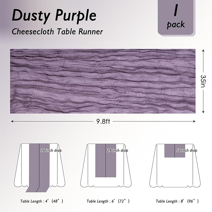 3 Pack Dusty Purple Cheesecloth Table Runner 120 Inch 10FT Cheese Cloth Fabric Runners for Birthday Party, Banquet, Theme Party, Wedding Decoration