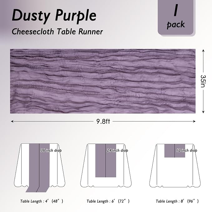 6 Pack Dusty Purple Cheesecloth Table Runner 120 Inch 10FT Cheese Cloth Fabric Runners for Birthday Party, Banquet, Theme Party, Wedding Decoration