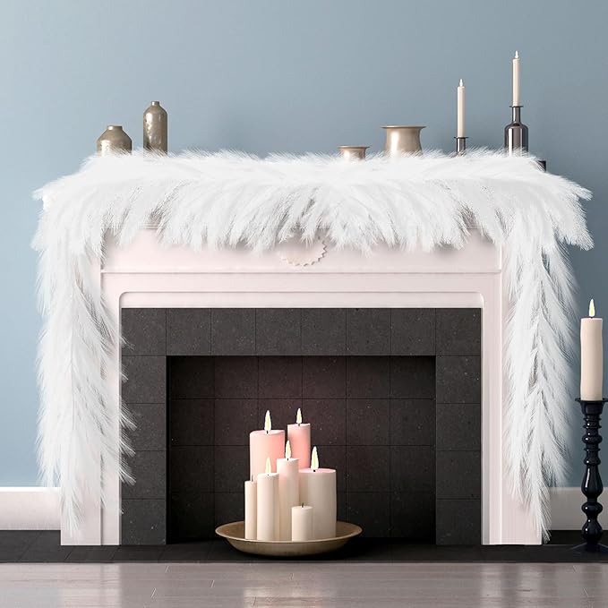 2025 2 Pcs 6 ft Christmas Tree Garland Decoration Pampas Grass Garland Faux Artificial Fabric Feathers Boho for Mantle Xmas Tree Home Farmhouse Christmas Holiday Party Supplies(White)
