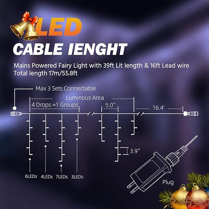 USOKYO Icicle Christmas Lights Outdoor, 480 LED 39FT String Lights With 96 Drops, 8 Modes and Timer, Twinkle Fairy Lights for House Patio Bedroom Wedding (Cool White)