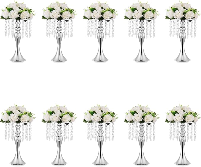 10 Pcs Silver Vases for Centerpieces, 13.8in Crystal Flower Arrangement Stand, Wedding Centerpieces for Tables, Tall Metal Flower Vase Holders for Wedding, Event, Reception, Birthday, Home Decor | High End Crystal Design Vase Stand for Wedding Party Re...