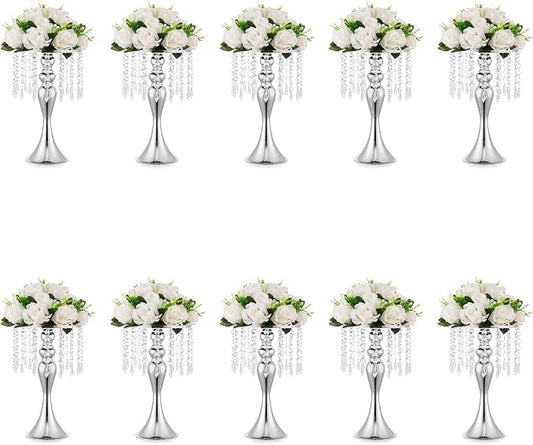 10 Pcs Silver Vases for Centerpieces, 13.8in Crystal Flower Arrangement Stand, Wedding Centerpieces for Tables, Tall Metal Flower Vase Holders for Wedding, Event, Reception, Birthday, Home Decor | High End Crystal Design Vase Stand for Wedding Party Re...