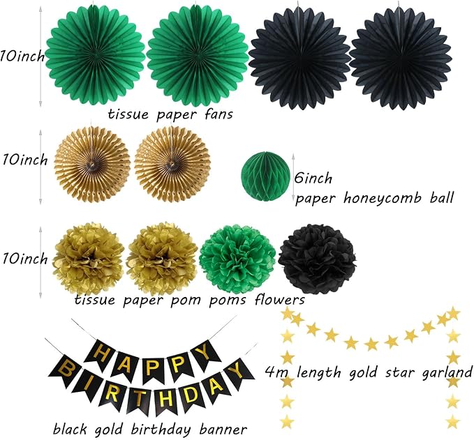 Green Black Gold Birthday Decorations with Happy Birthday Banner Hanging Paper Fans Pom Poms Gold Star Garlands for Men Women Green Black Birthday Decorations