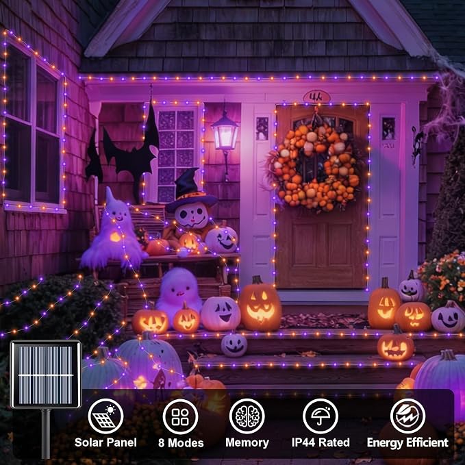 QITONG 4 Pack Solar Halloween Lights, Each 33ft 100 LED Orange and Purple Fairy Lights Outdoor Waterproof, 8 Modes Copper Wire Solar String Lights