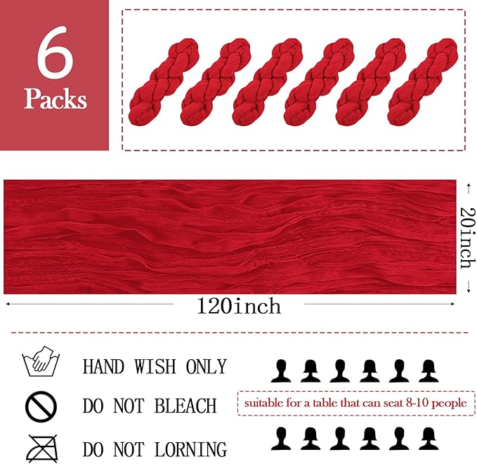 6 Pack Red Cheesecloth Table Runner 20 x 120 inch Gauze Table Runners 10 FT Long,Semi Sheer Boho Cheese Cloth Fabric Table Runner Bulk for Party,Wedding,Baby Shower,Bridal Shower Decoration