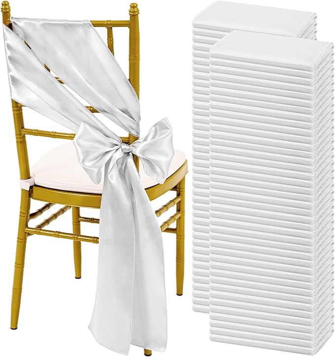 120 PCS Silver Satin Chair Sashes, Ties Bows Designed Sashes for Washable Reusable Chair Covers Supplies for Wedding Reception Events Banquets Party Hotel Event Aisle Decorations (7 x 108 inch)