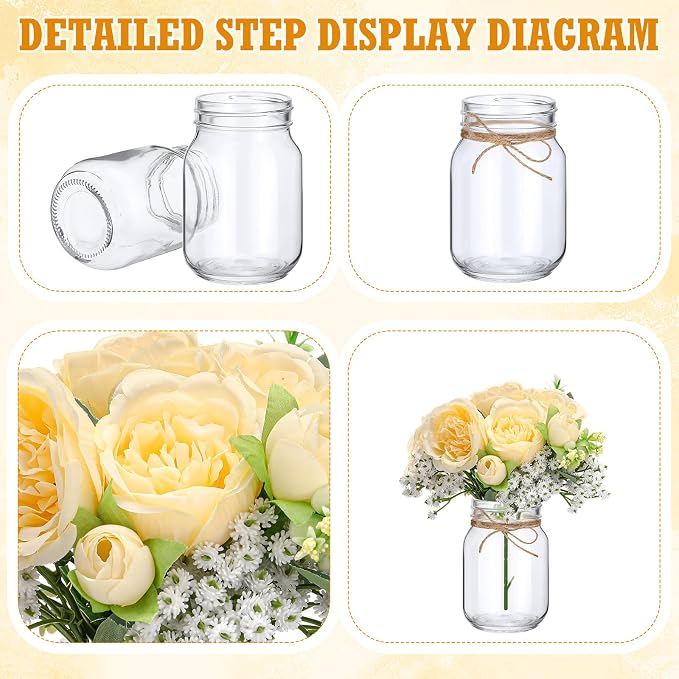 XunYee 10 Set Mason Jar Table Centerpiece with Flower Mason Jar Flower Centerpiece Vases Decor for Engagement Party Bridal Shower Wedding Reception Table Decor (Champagne,Peony, Gypsophila)