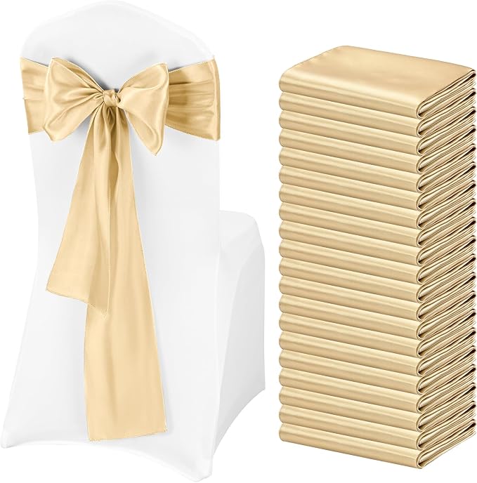 Pesonlook 60 PCS Champagne Satin Chair Sashes Bows Satin Sashes Universal Chair Cover for Wedding Reception Restaurant Event Decoration Banquet,Party,Hotel Event Decorations (7 x 108 inch)