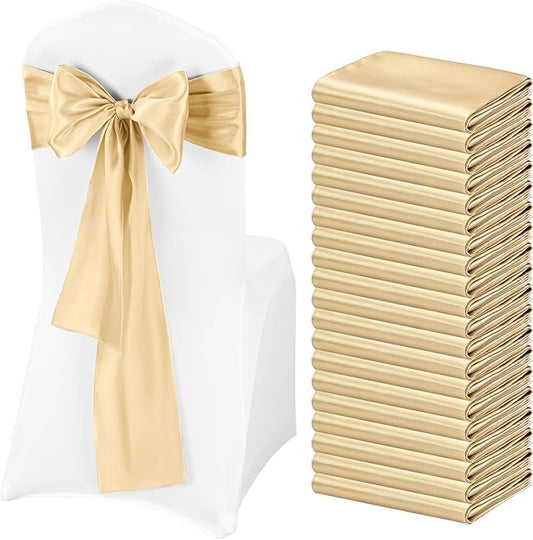 Pesonlook 60 PCS Champagne Satin Chair Sashes Bows Satin Sashes Universal Chair Cover for Wedding Reception Restaurant Event Decoration Banquet,Party,Hotel Event Decorations (7 x 108 inch)