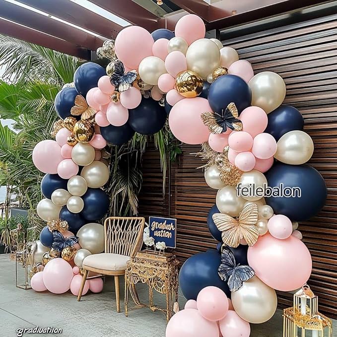 Navy Blue Pink Gold Balloon Arch Kit Double Stuffed Dark Blue, Pastel Light Pale Pink, White Sand Pearl Balloon Garland for Birthday Baby Shower Gender Reveal Wedding Graduation Party Decoration