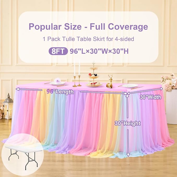 2-in-1 Rainbow Tablecloths with Tulle Table Skirt for 8 Foot Rectangle Tables, Party Ruffle Tutu Table Skirt Stretch Fitted Covers for Wedding Reception Birthday Baby Shower Celebration Banquet Event