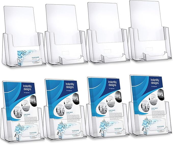 8 Pack 6x9 Acrylic Brochure Holder with Business Card Organizer, Clear Brochure Display Stand, Plastic Flyer Display Stand Holder for Business Card, Pamphlet, Booklets, Magazine, Journals