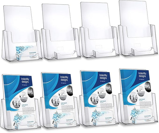 8 Pack 6x9 Acrylic Brochure Holder with Business Card Organizer, Clear Brochure Display Stand, Plastic Flyer Display Stand Holder for Business Card, Pamphlet, Booklets, Magazine, Journals