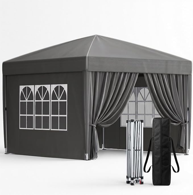 KIGOTY 10x10 FT Portable Pop Up Canopy Tent, Adjustable Height Instant Gazebo with Sidewalls, One-Push Setup Outdoor Canopy for Camping, Parties, Vendor Events (Grey with Reflective Strip, 3m × 3m)