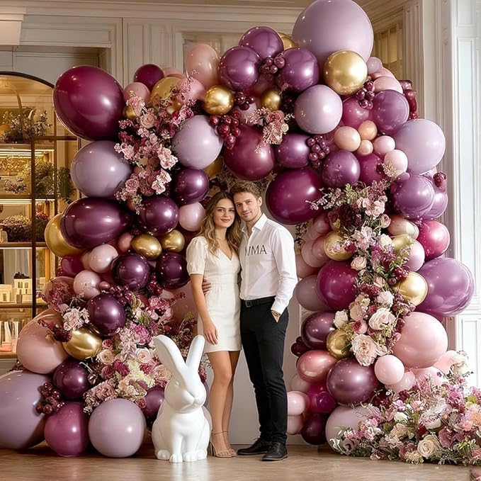 Dark Purple Pink Balloon Garland Double Stuffed Plum Mauve Burgundy Gold Balloon Arch Kit Dusty Pink Lavender Balloons for Birthday Bridal Shower Wedding Mother's Day Anniversary Party Decorations
